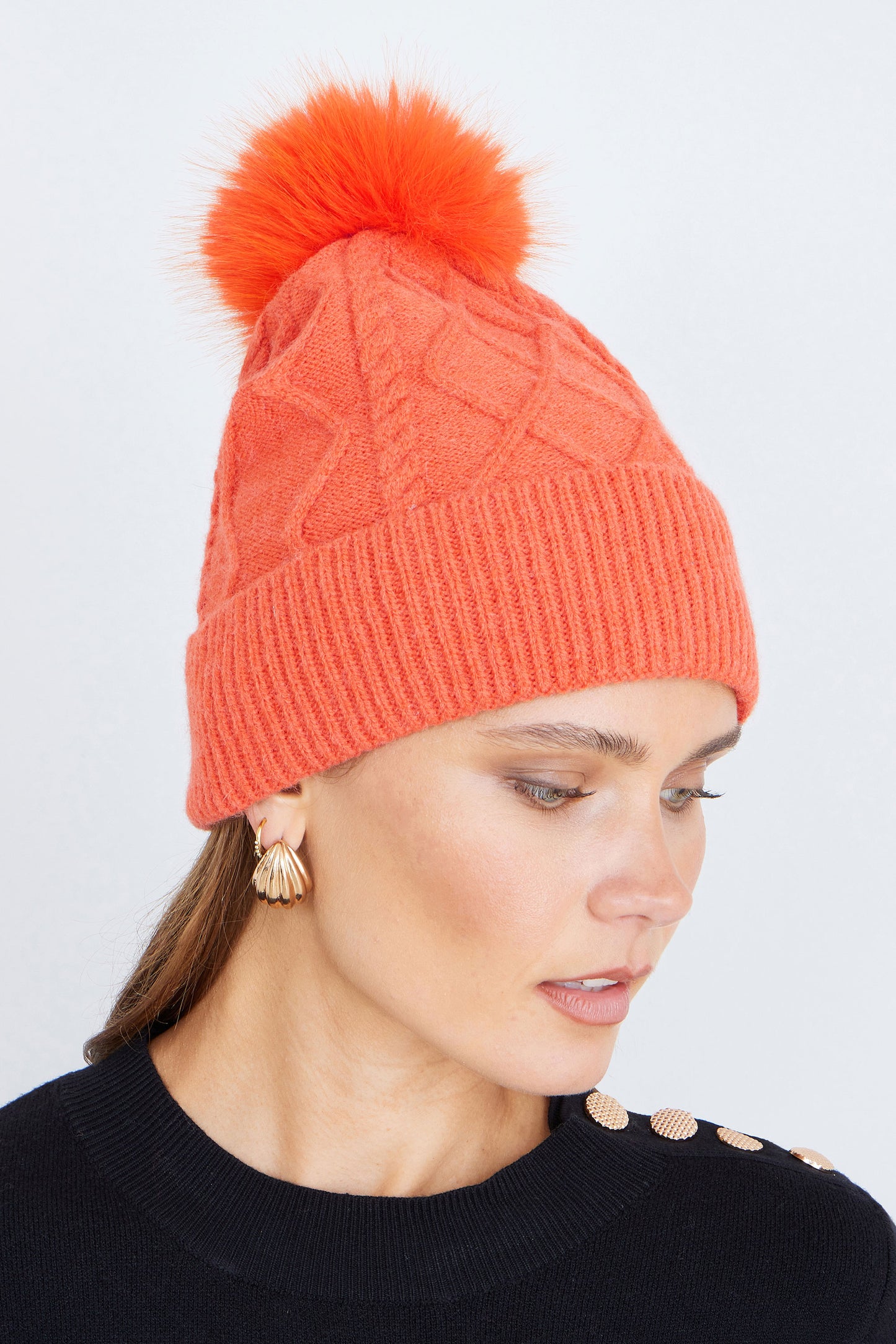 Yumi Orange Cable Knit Bobble Hat ACC HATS Yumi