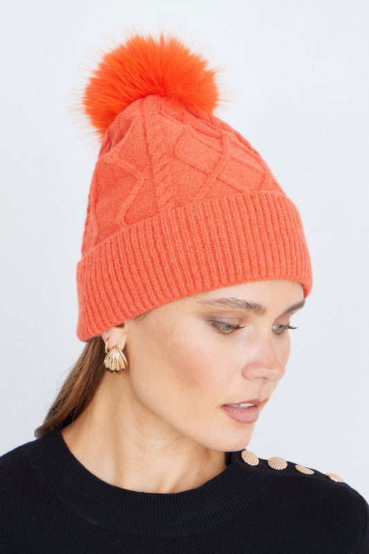 Yumi Orange Cable Knit Bobble Hat ACC HATS Yumi