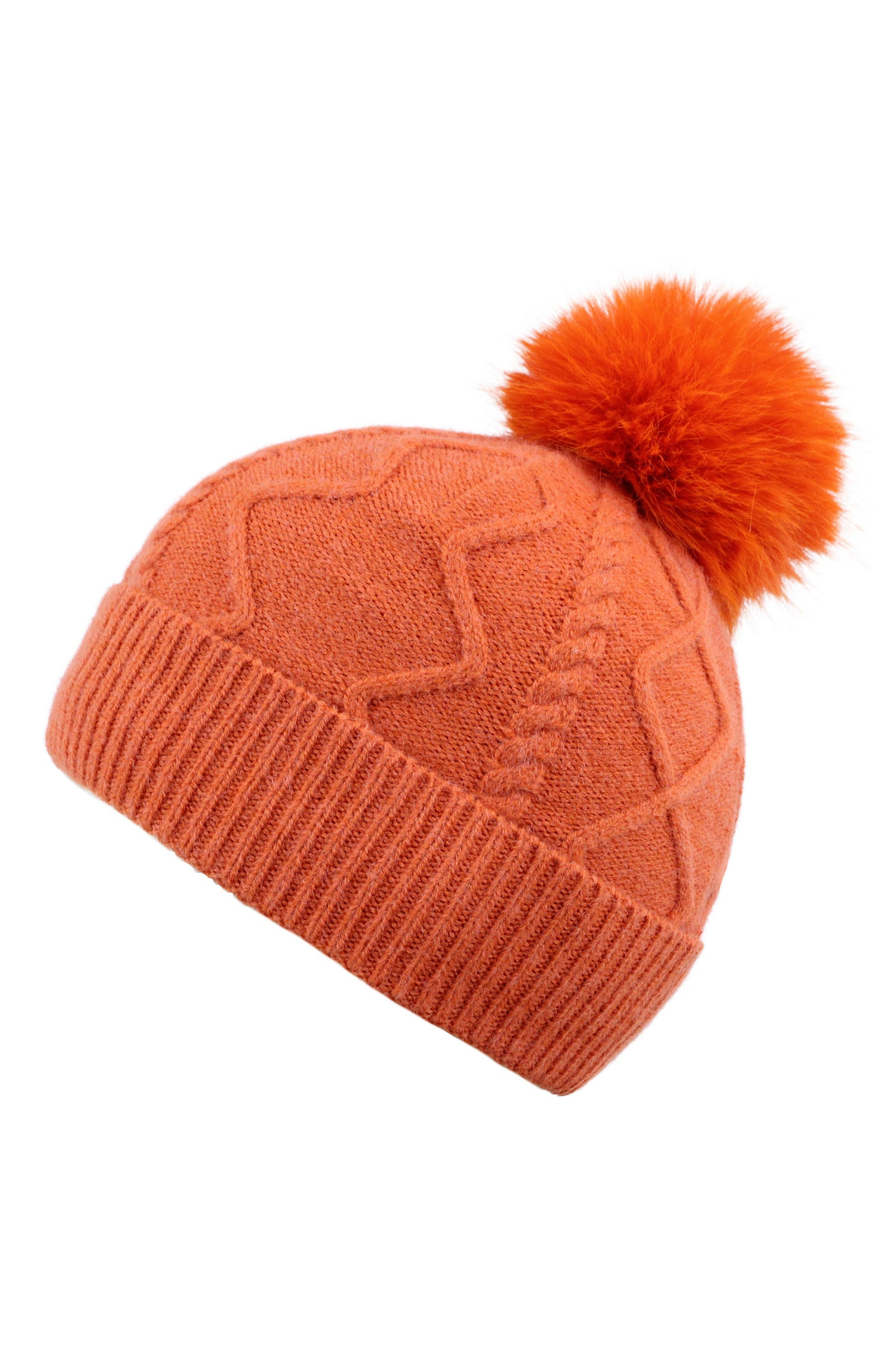 Yumi Orange Cable Knit Bobble Hat ACC HATS Yumi