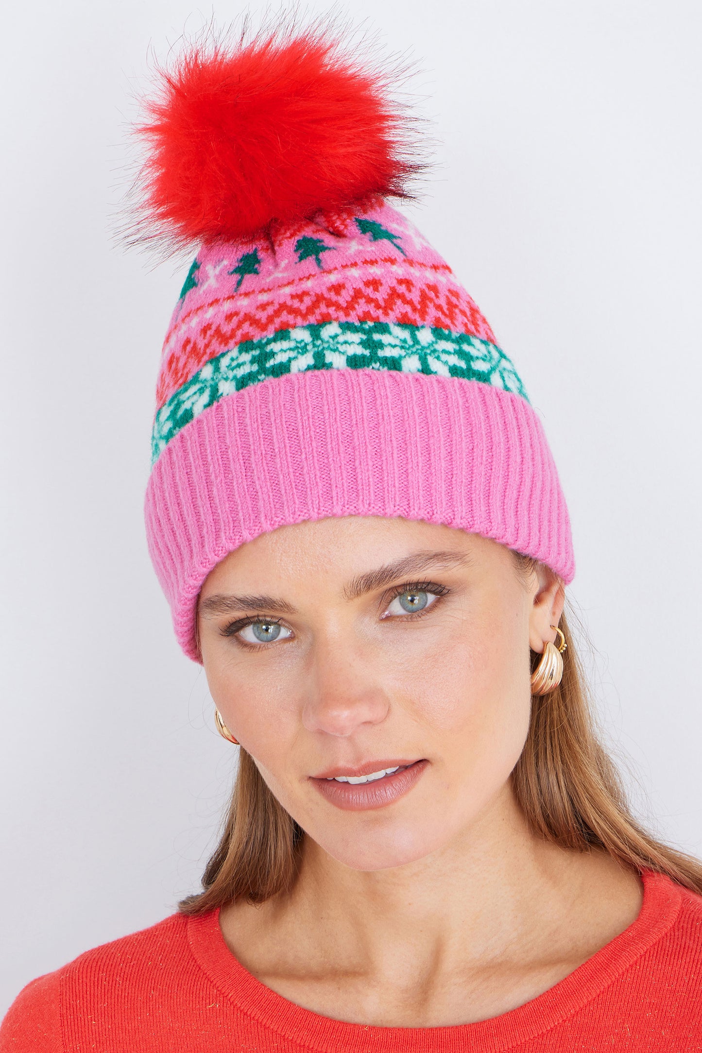 Yumi Pink Festive Fairisle Hat With Fur Pom Pom ACC HATS Yumi