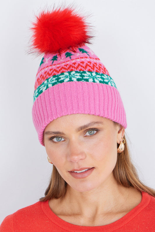Yumi Pink Festive Fairisle Hat With Fur Pom Pom ACC HATS Yumi