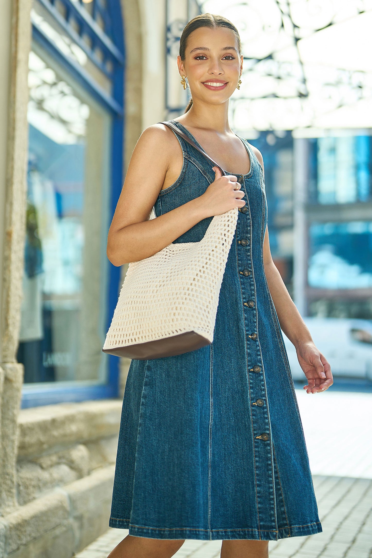 Yumi Ivory Crochet Shoulder Bag With Faux Leather Straps ACC BAGS Yumi