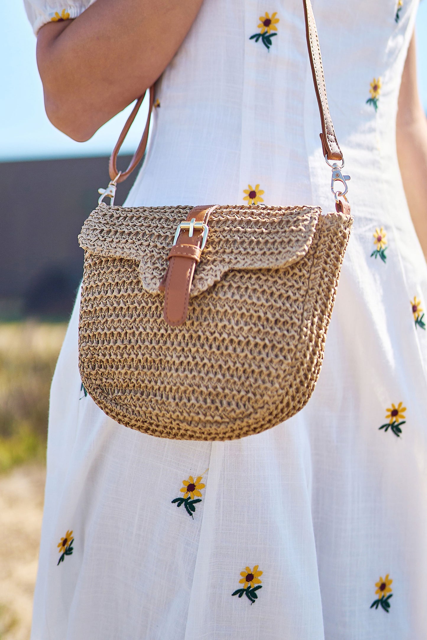 Yumi Brown Woven Rattan Handbag With Buckle ACC BAGS Yumi