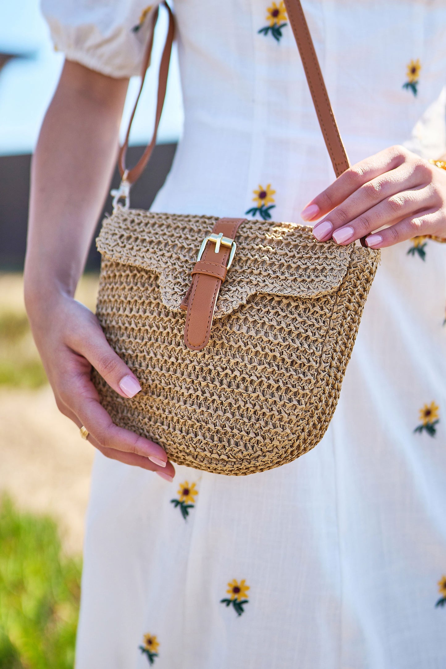 Yumi Brown Woven Rattan Handbag With Buckle ACC BAGS Yumi