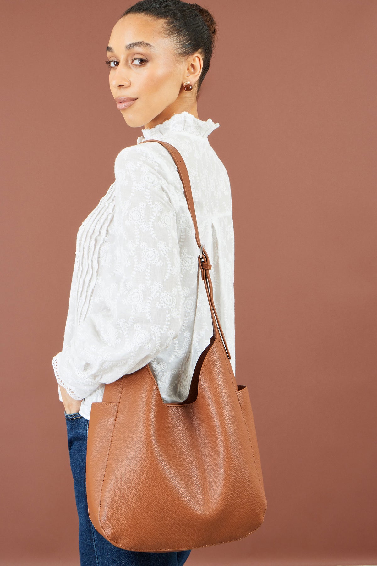 Yumi Brown Shoulder Bag With Detachable Inside Purse ACC BAGS Yumi