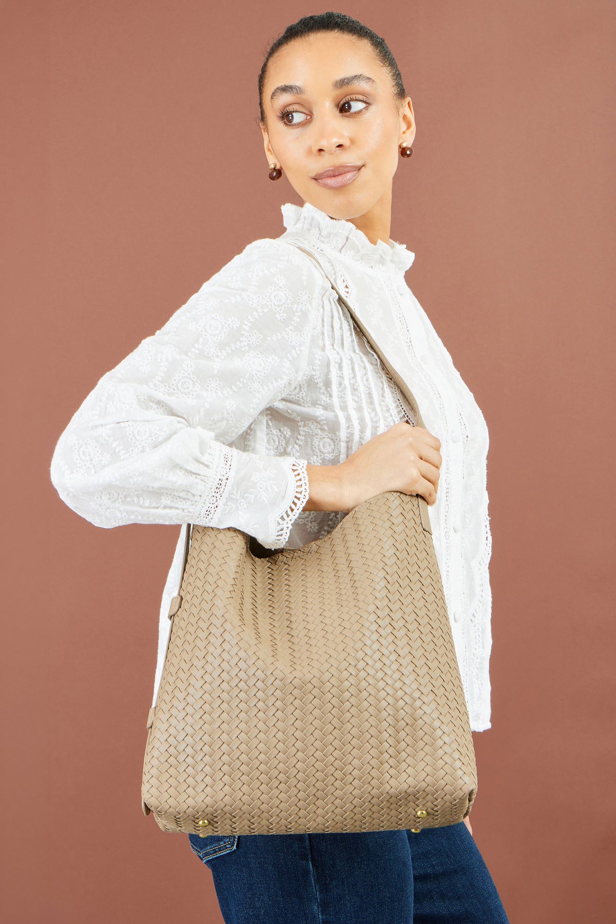 Yumi Stone Woven Shoulder Bag With Detachable Inside Purse ACC BAGS Yumi