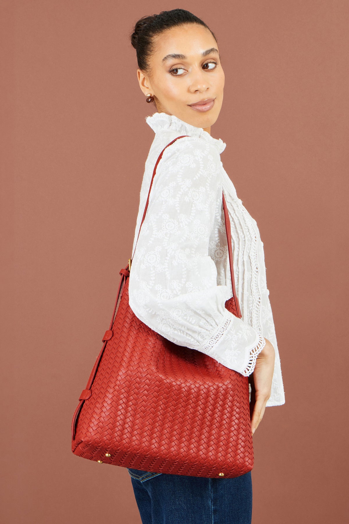 Yumi Red Woven Shoulder Bag With Detachable Inside Purse ACC BAGS Yumi