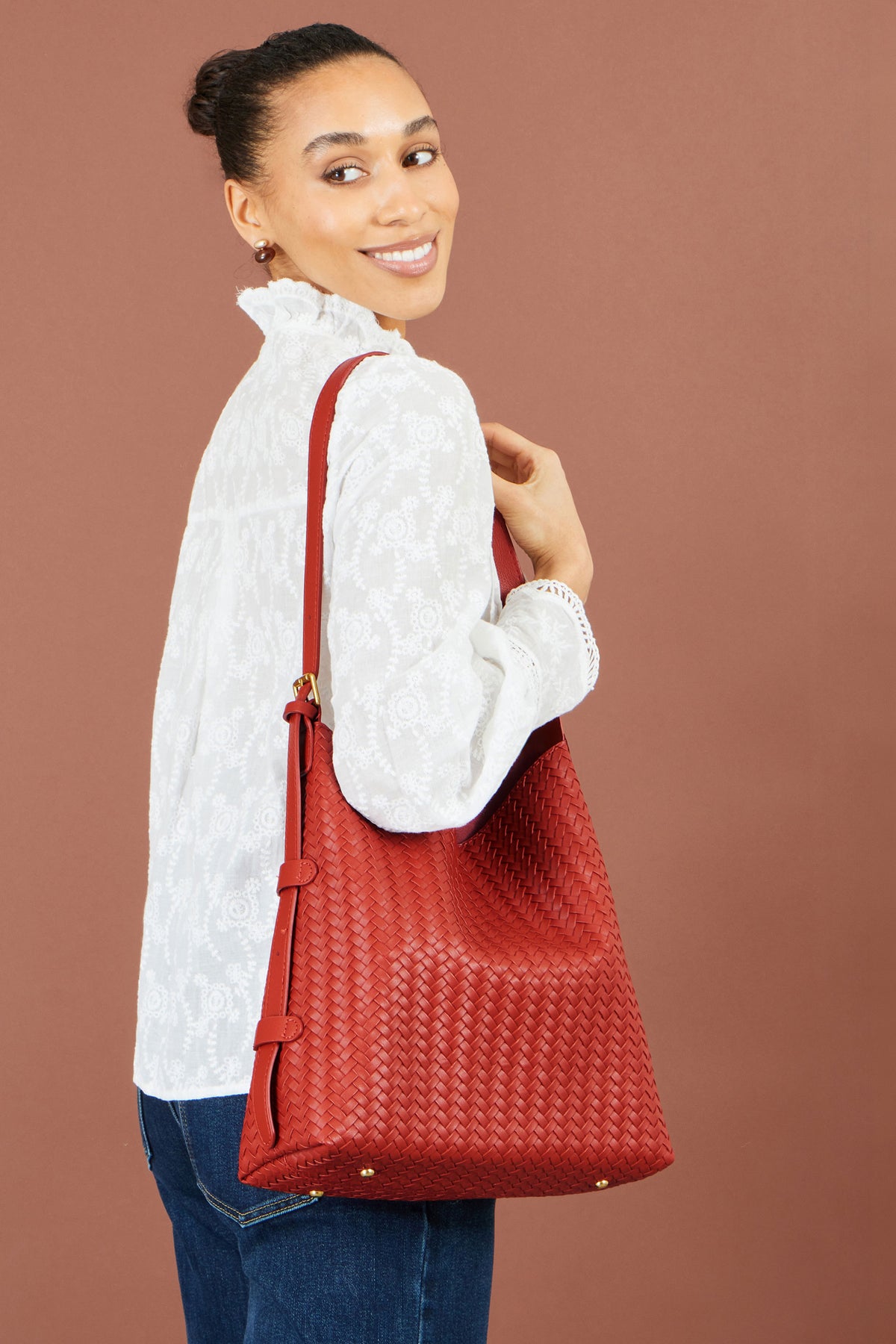 Yumi Red Woven Shoulder Bag With Detachable Inside Purse ACC BAGS Yumi