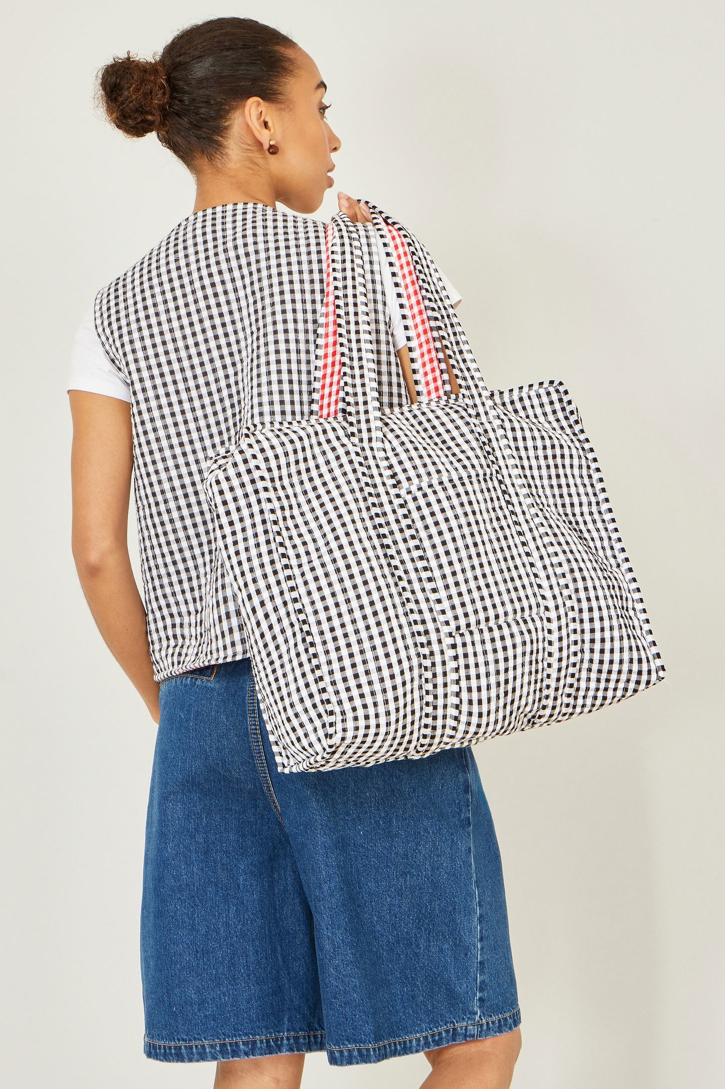 Yumi Black Gingham Quilted Shopper Bag ACC BAGS Yumi