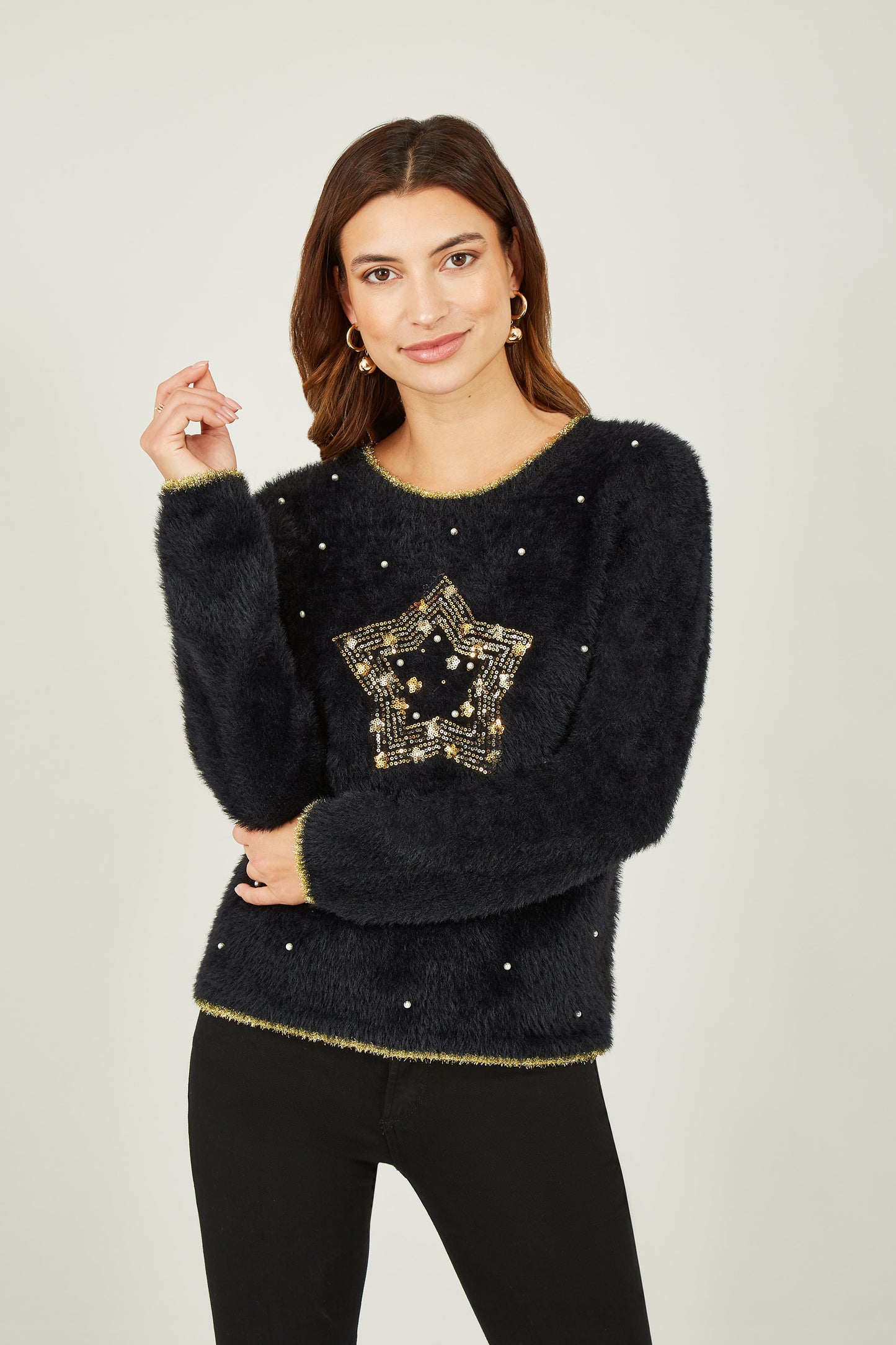 Yumi Black Fluffy Star Christmas Jumper Knit Xmas Jumper Yumi