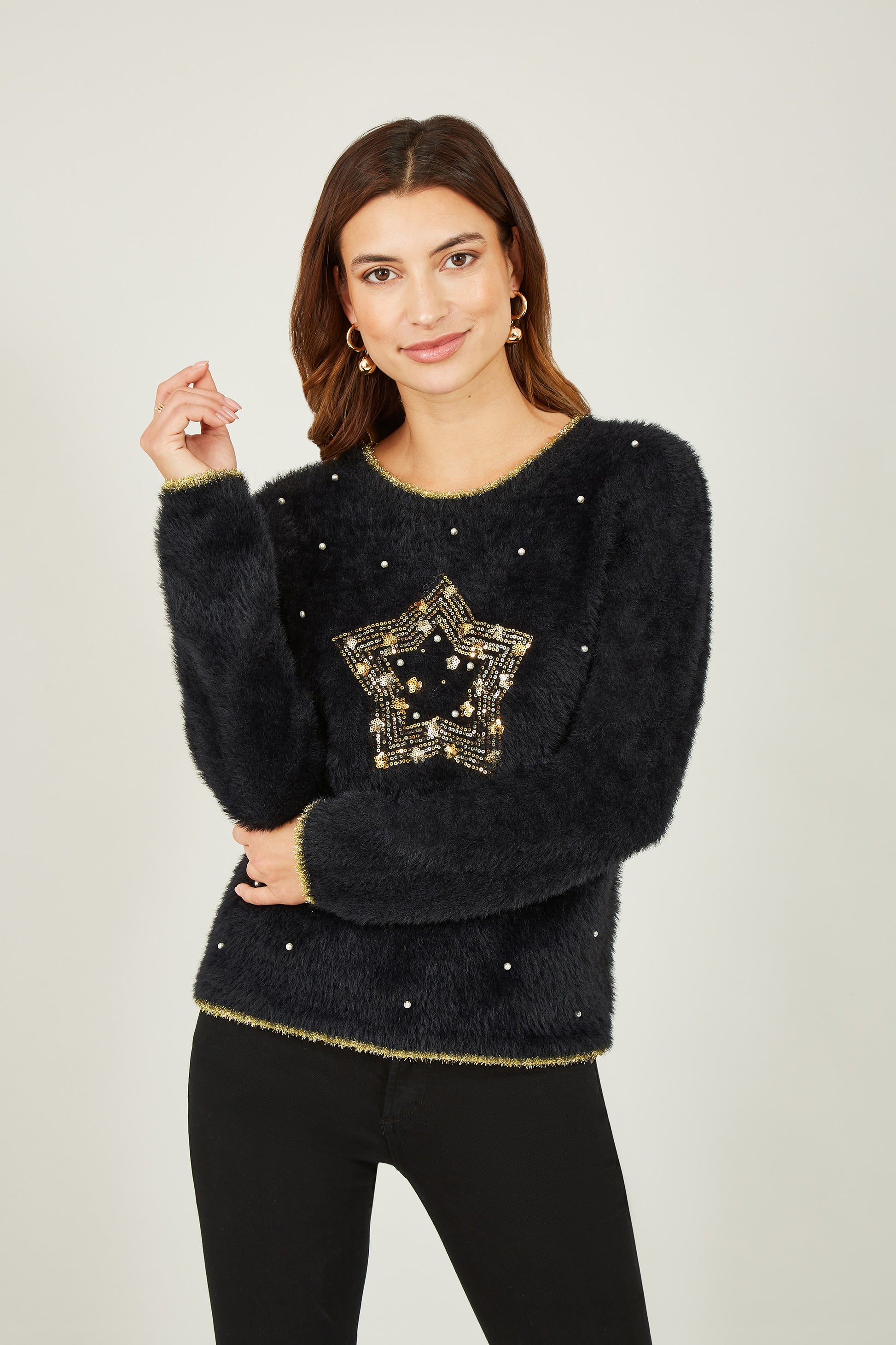 Yumi Black Fluffy Star Christmas Jumper Knit Xmas Jumper Yumi