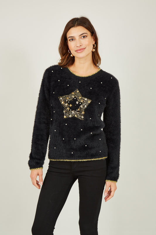 Yumi Black Fluffy Star Christmas Jumper Knit Xmas Jumper Yumi