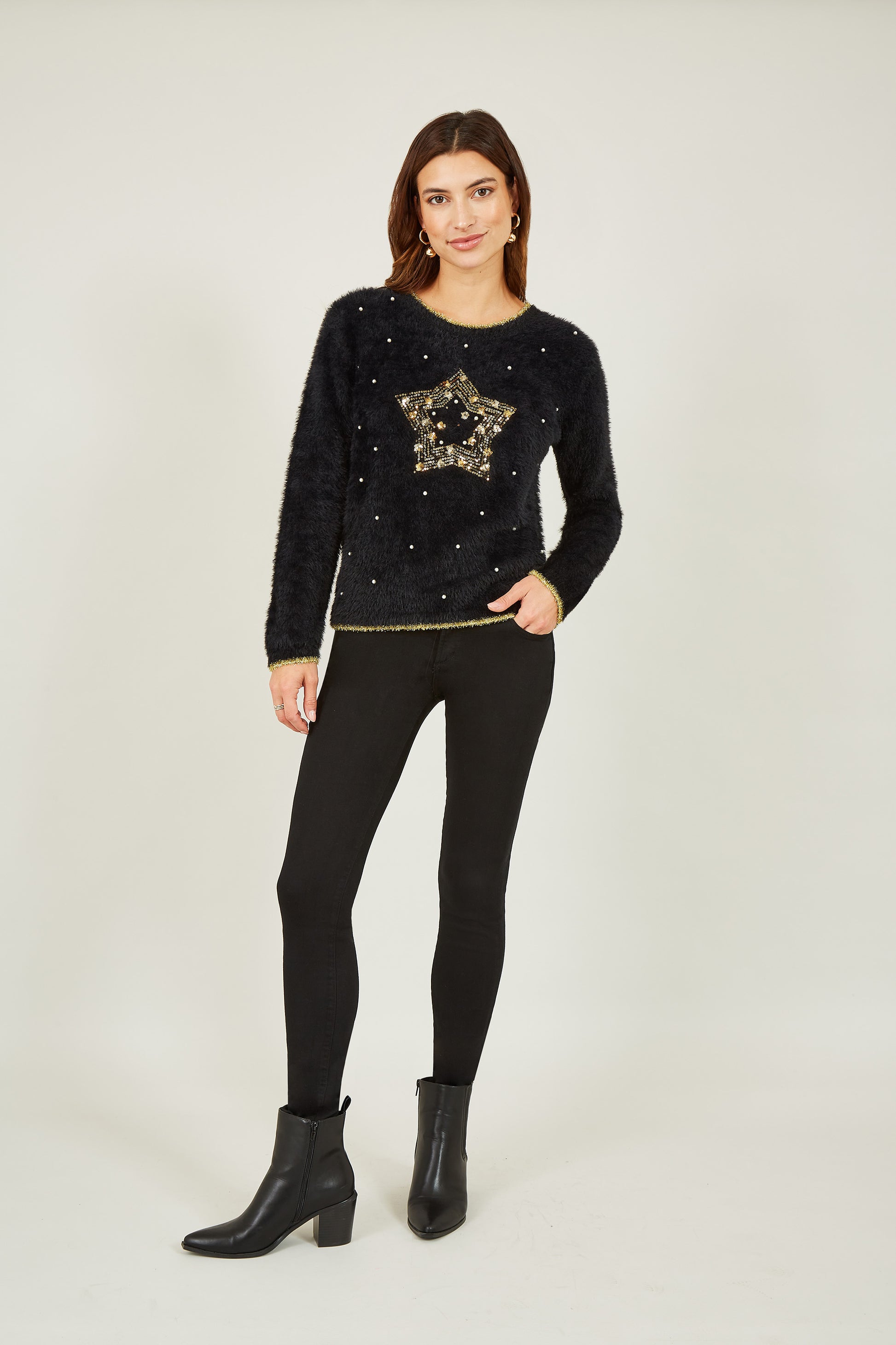 Yumi Black Fluffy Star Christmas Jumper Knit Xmas Jumper Yumi
