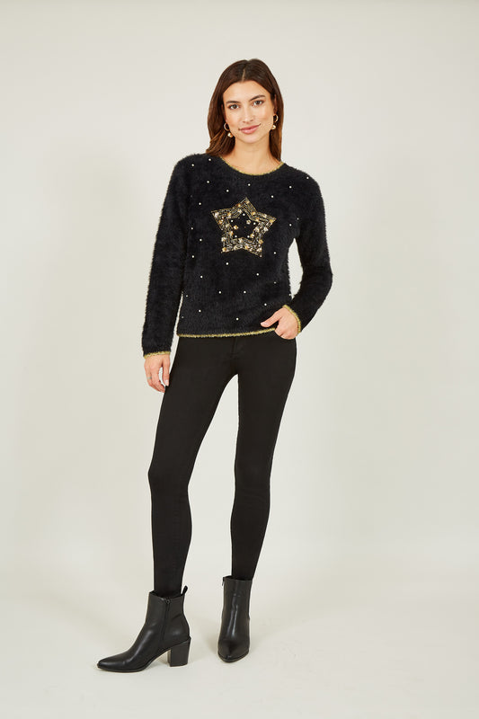 Yumi Black Fluffy Star Christmas Jumper Knit Xmas Jumper Yumi