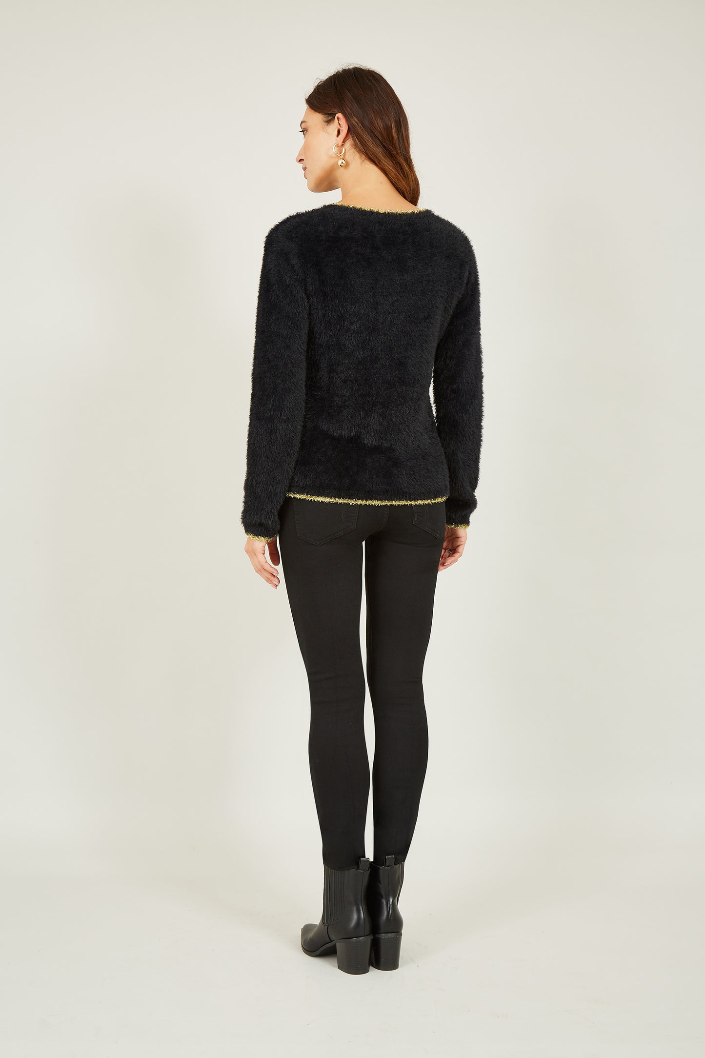 Yumi Black Fluffy Star Christmas Jumper Knit Xmas Jumper Yumi