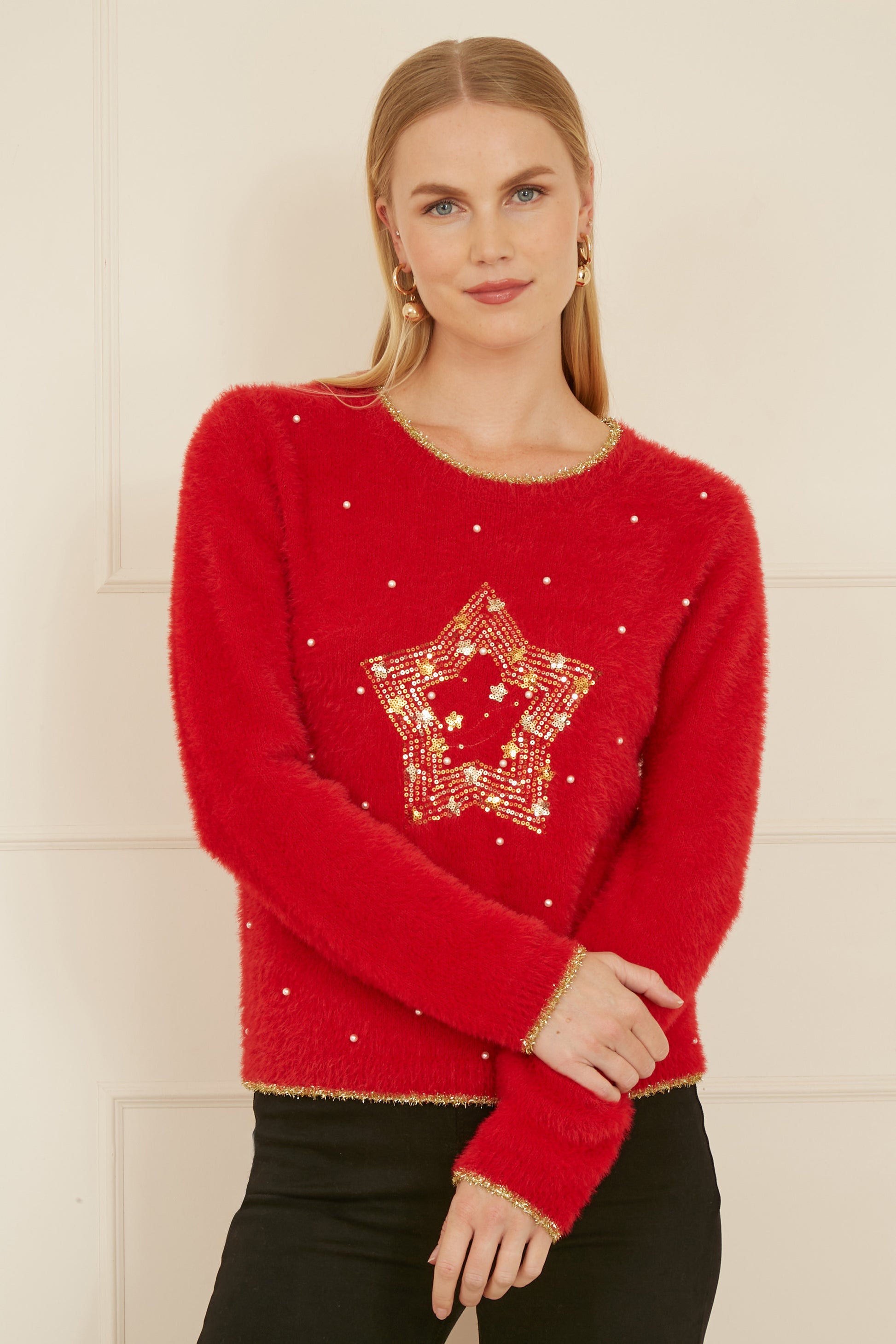 Yumi Red Knitted Fluffy Christmas Star Jumper Knit Xmas Jumper Yumi