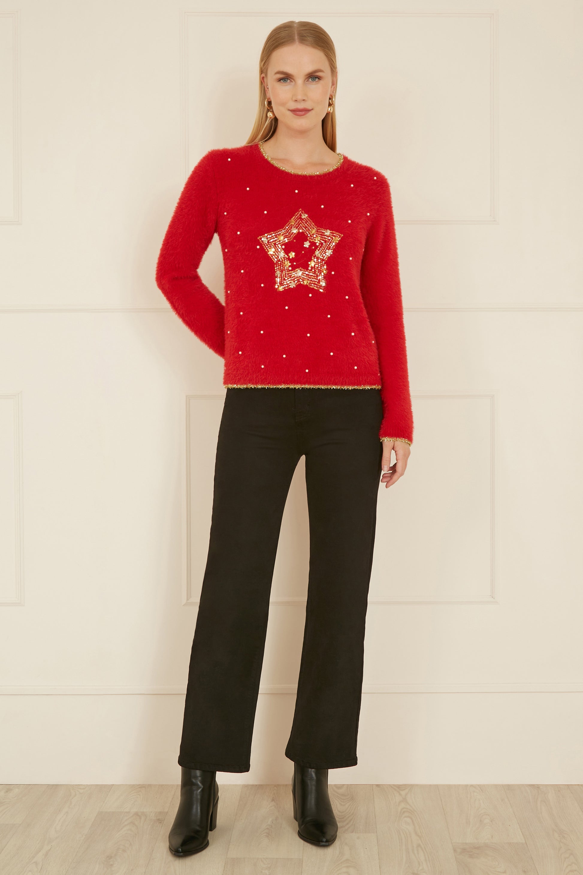 Yumi Red Knitted Fluffy Christmas Star Jumper Knit Xmas Jumper Yumi