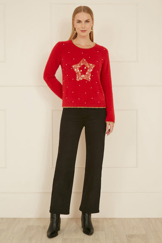 Yumi Red Knitted Fluffy Christmas Star Jumper Knit Xmas Jumper Yumi
