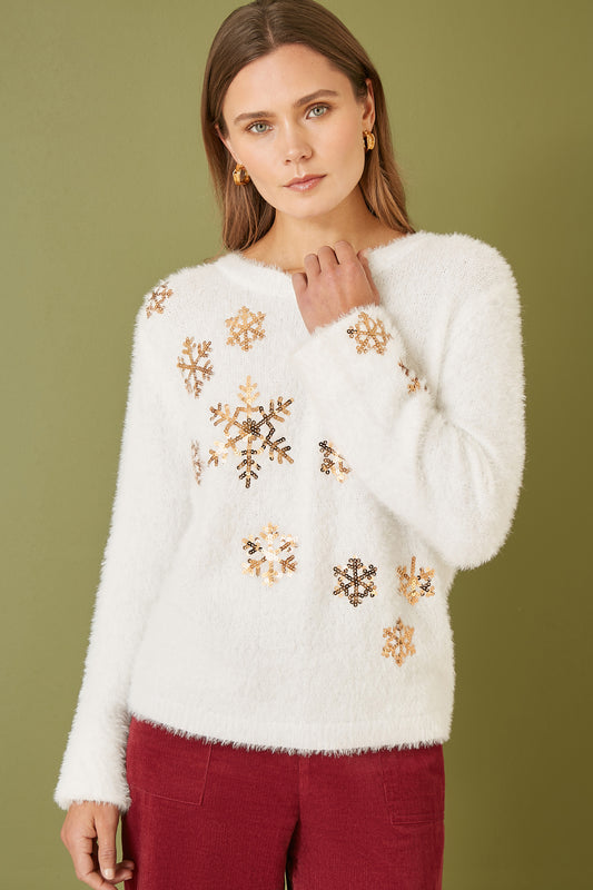 Yumi Ivory Sequin Snowflake Fluffy Jumper Knit Xmas Jumper Yumi