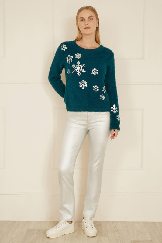 Yumi Teal Sequin Snowflake Fluffy Jumper Knit Xmas Jumper Yumi