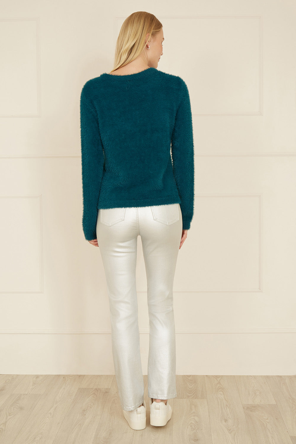 Yumi Teal Sequin Snowflake Fluffy Jumper Knit Xmas Jumper Yumi