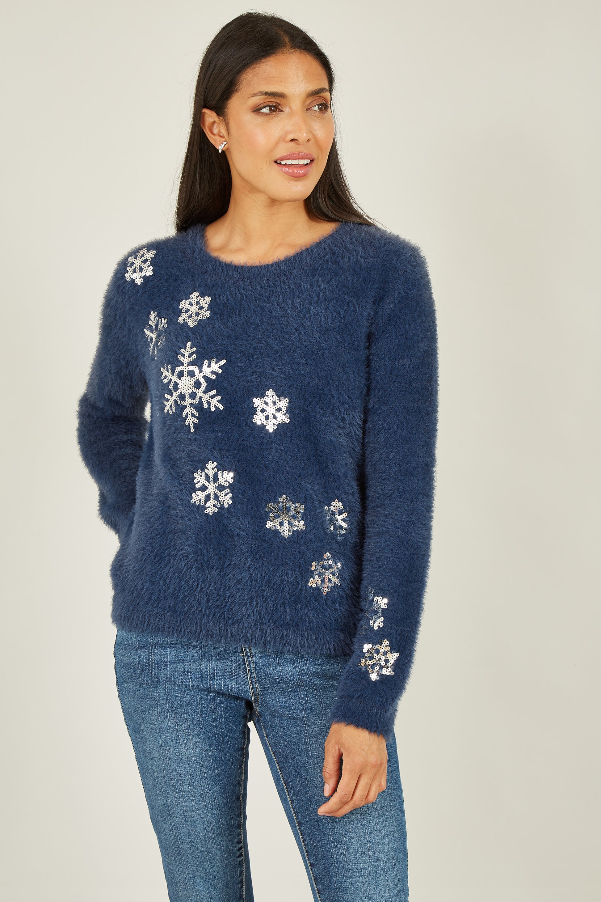 Yumi Navy Sequin Snowflake Fluffy Jumper Knit Xmas Jumper Yumi