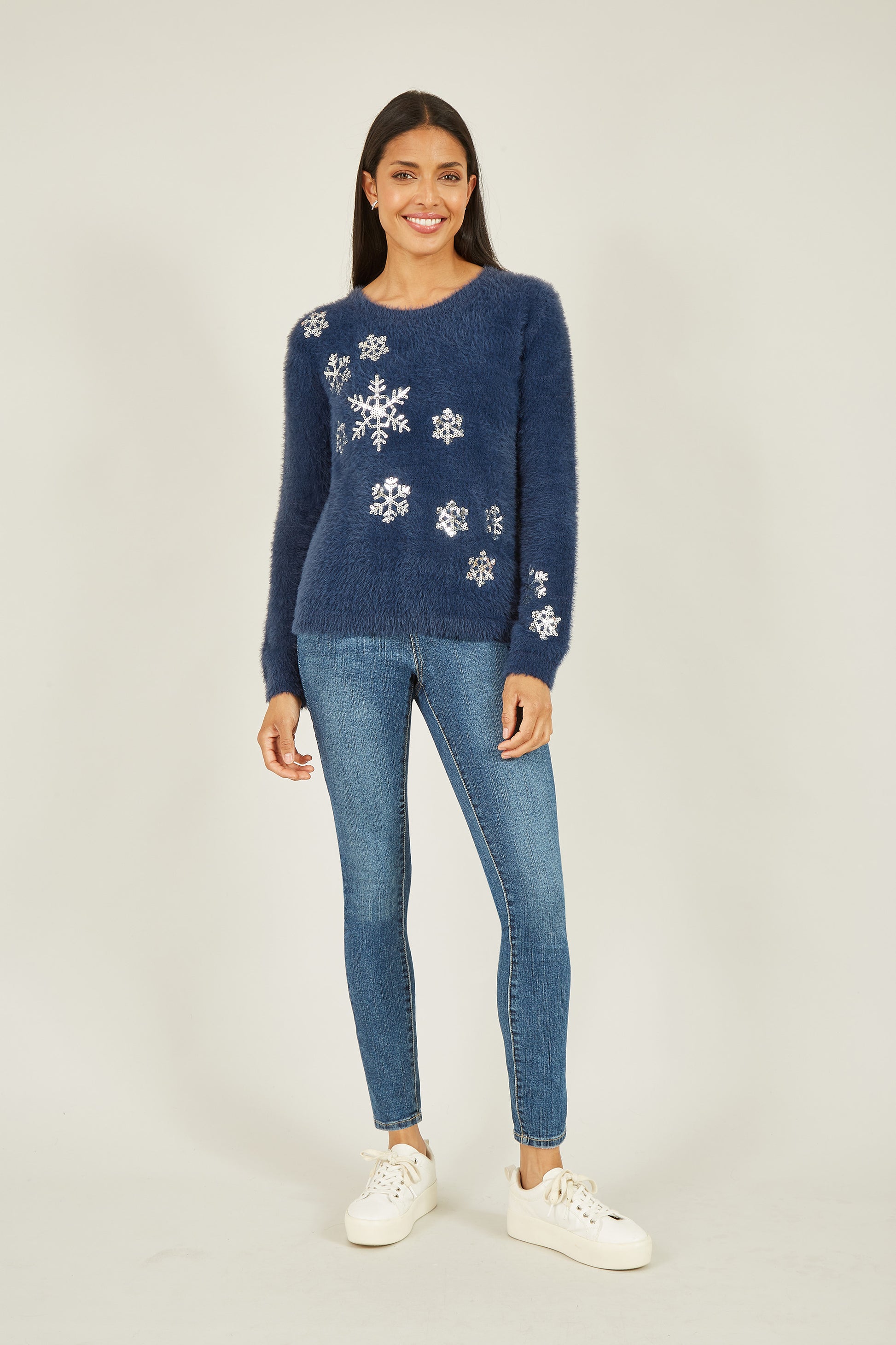 Yumi Navy Sequin Snowflake Fluffy Jumper Knit Xmas Jumper Yumi
