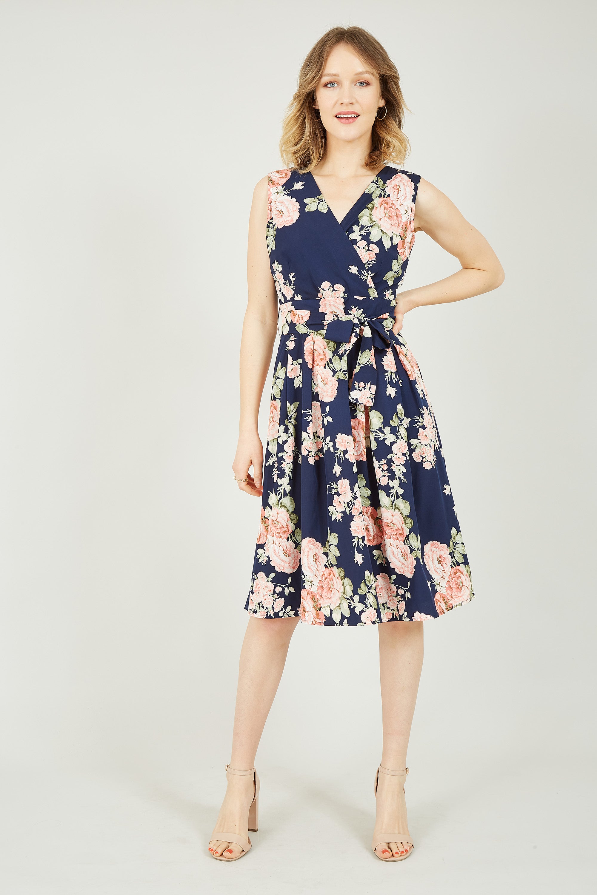 Rose Printed Wrap Over Sleeveless Skater Dress