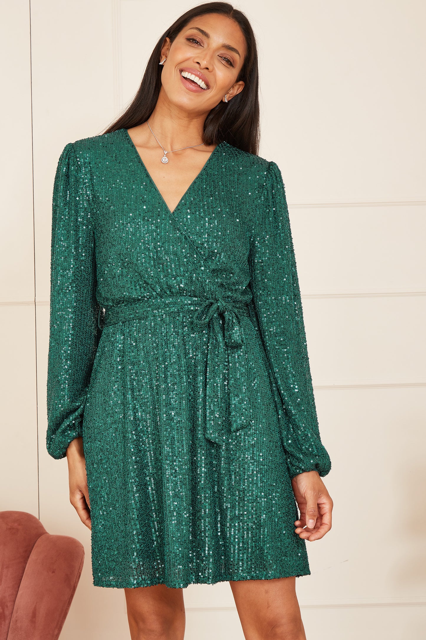 Mela Green Sequin Belted Wrap Long Sleeve Dress Mela