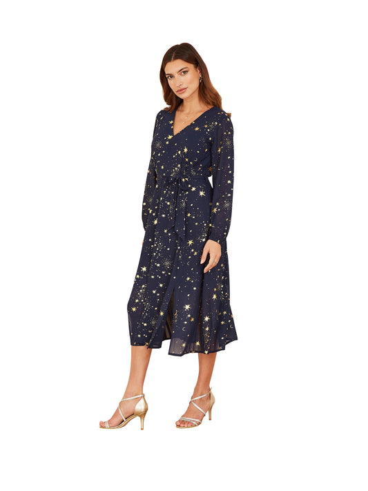 Mela Navy Foil Star Print Long Sleeve Midi Yumi