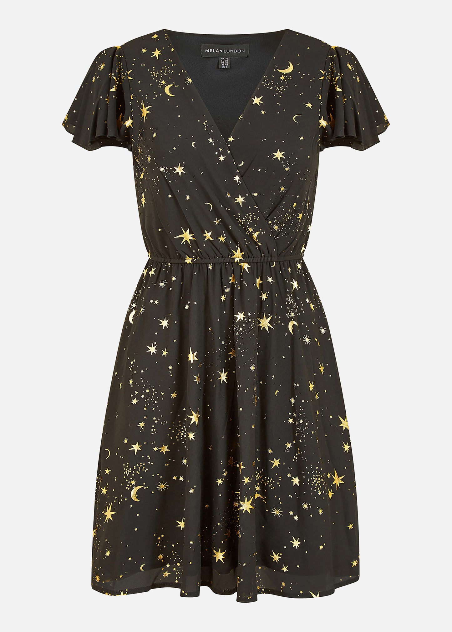 Mela Black Foil Star Print Wrap Skater Dress Mela