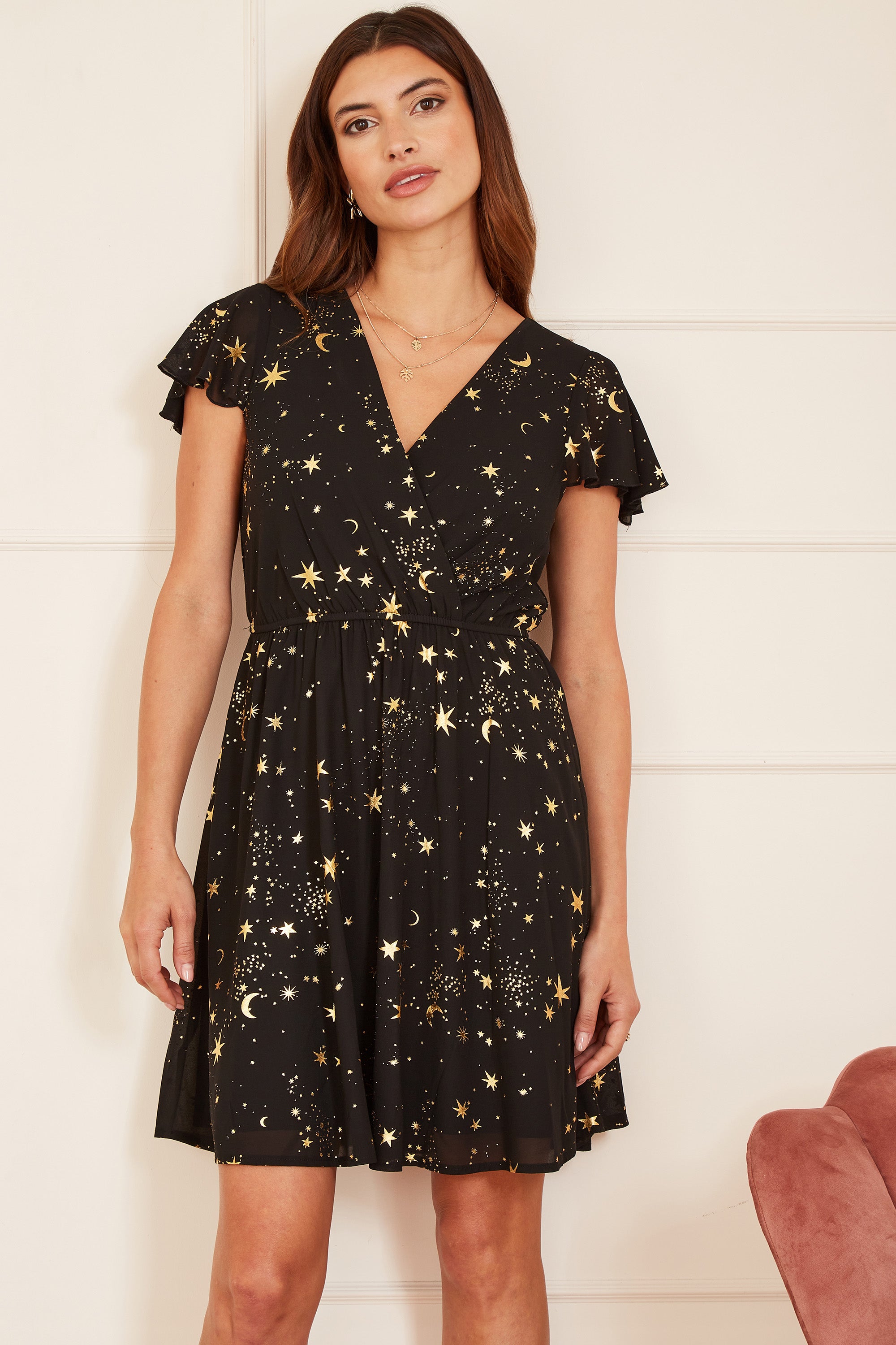 Foil Star Print Wrap Skater Dress