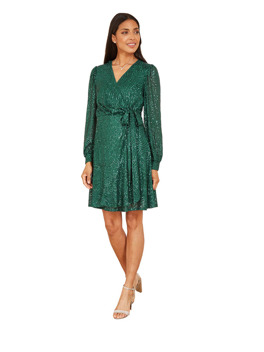 Mela Green Sequin Long Sleeve Frill Wrap Dress Mela