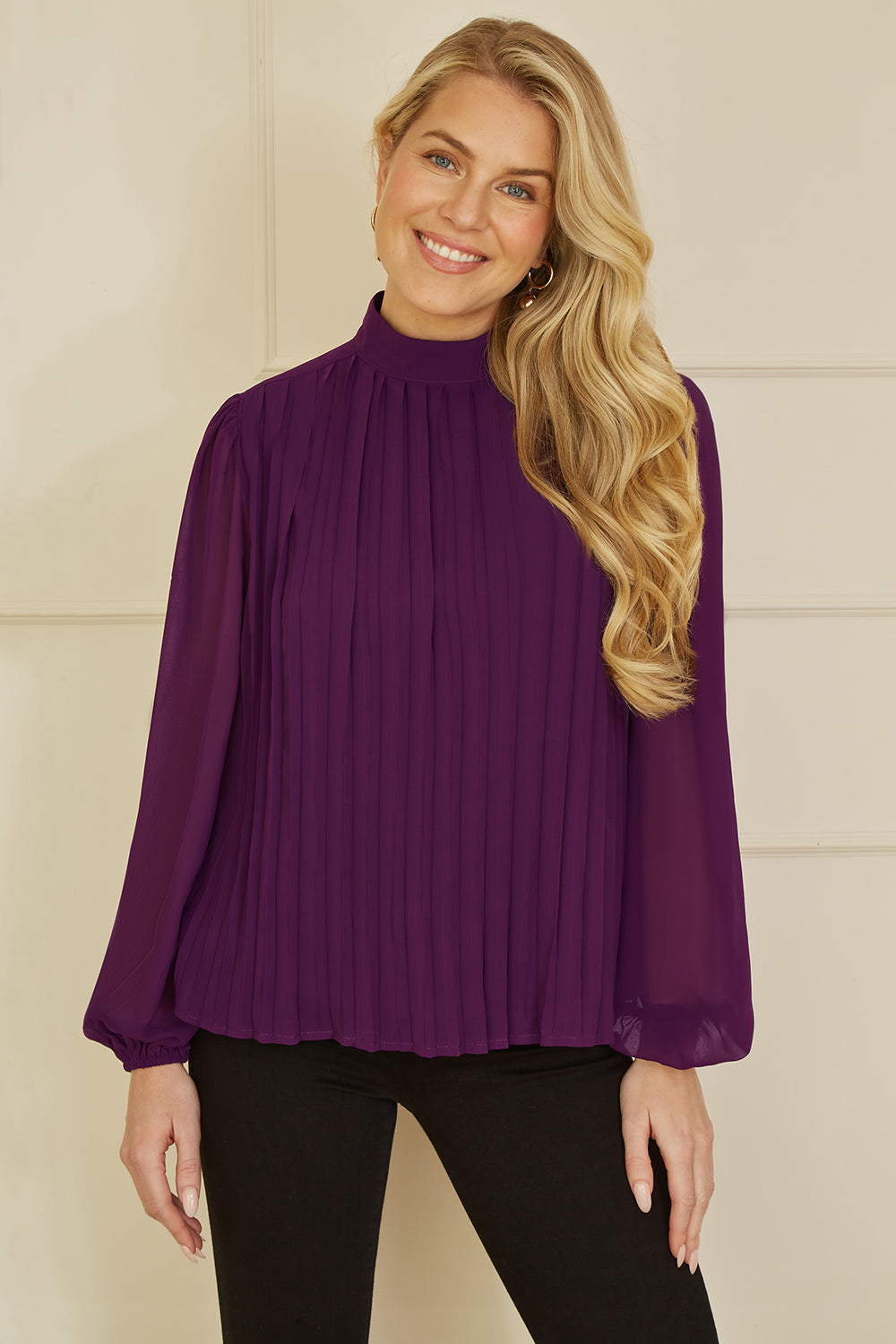 Yumi Plum Pleated Long Sleeve Top With High Neck Top Yumi