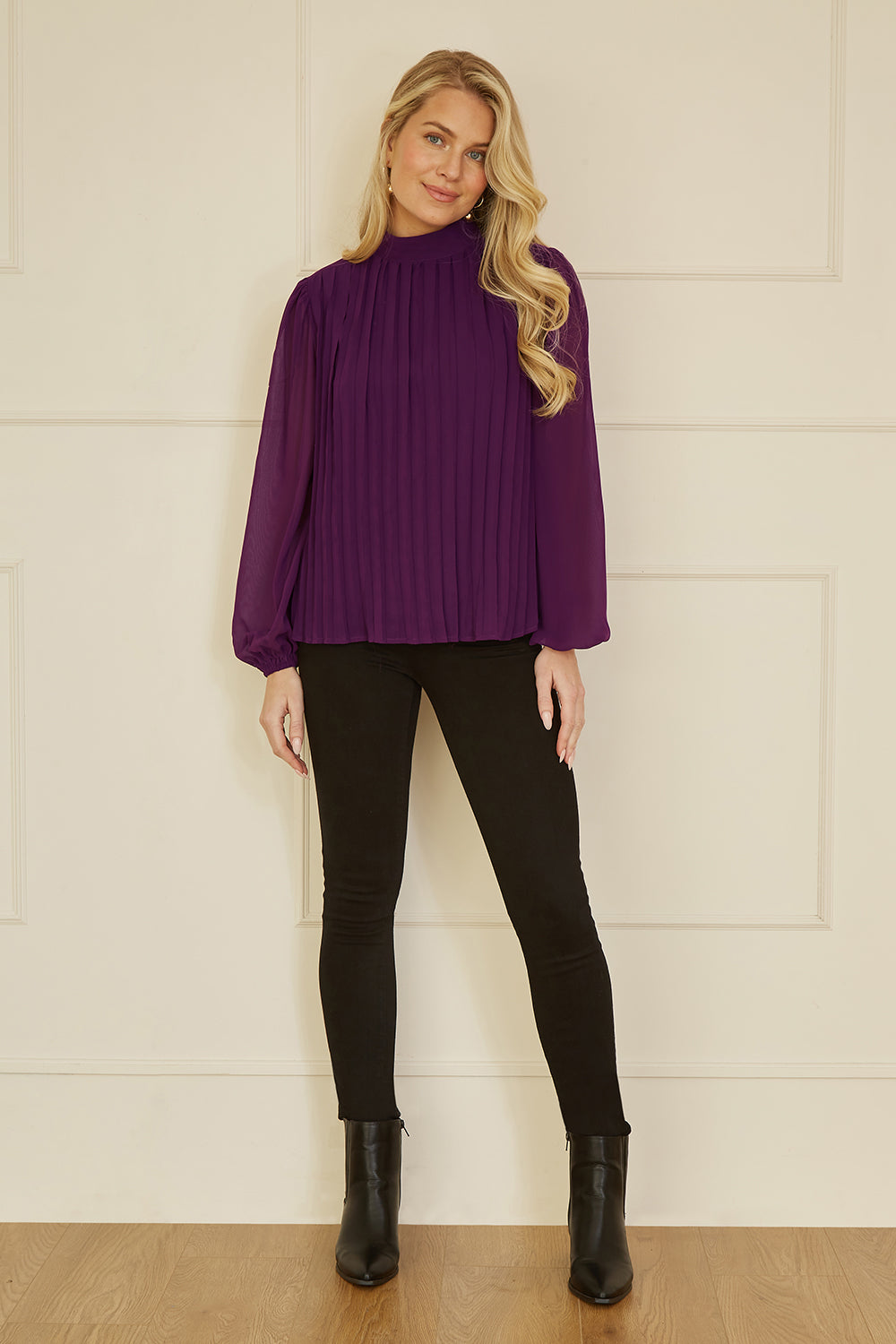 Yumi Plum Pleated Long Sleeve Top With High Neck Top Yumi
