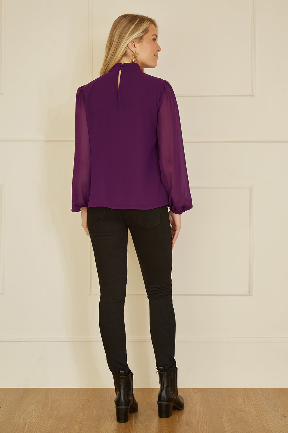 Yumi Plum Pleated Long Sleeve Top With High Neck Top Yumi