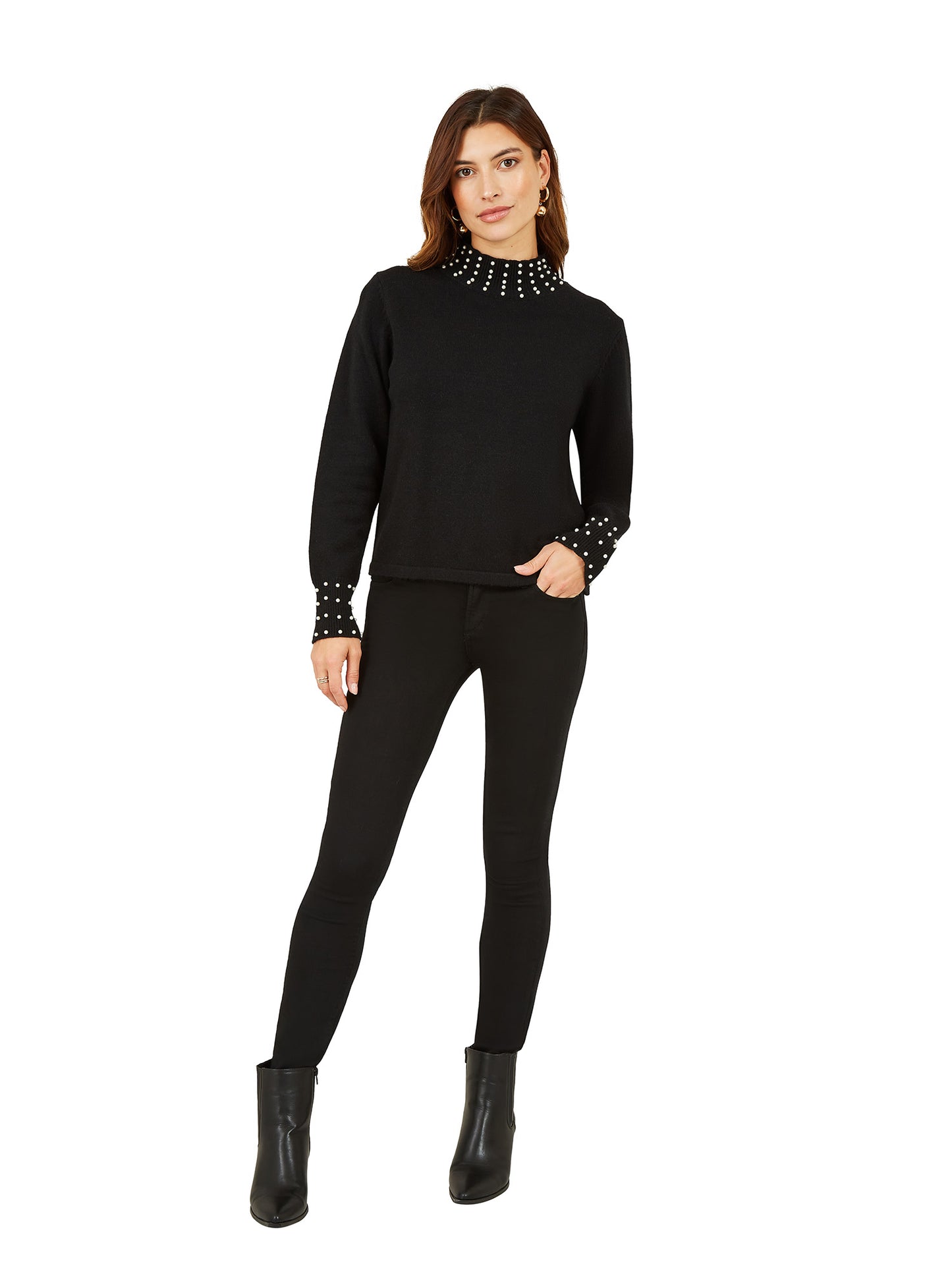 Mela Black Pearl Detail High Neck Jumper Mela
