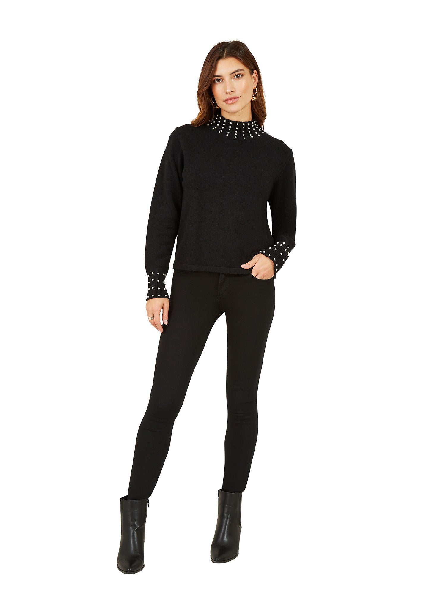 Mela Black Pearl Detail High Neck Jumper Mela