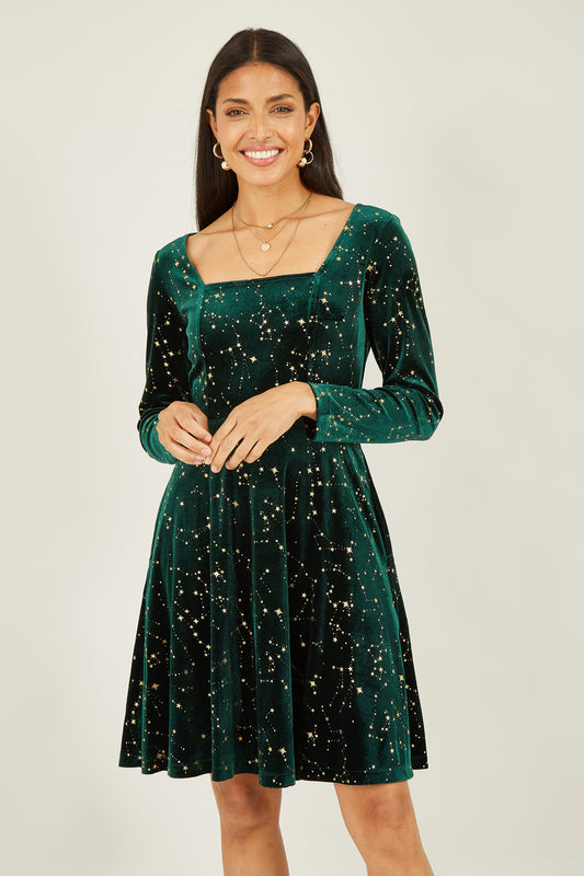 Yumi Green Star Foil Print Long Sleeve Skater Dress DRES Party Yumi