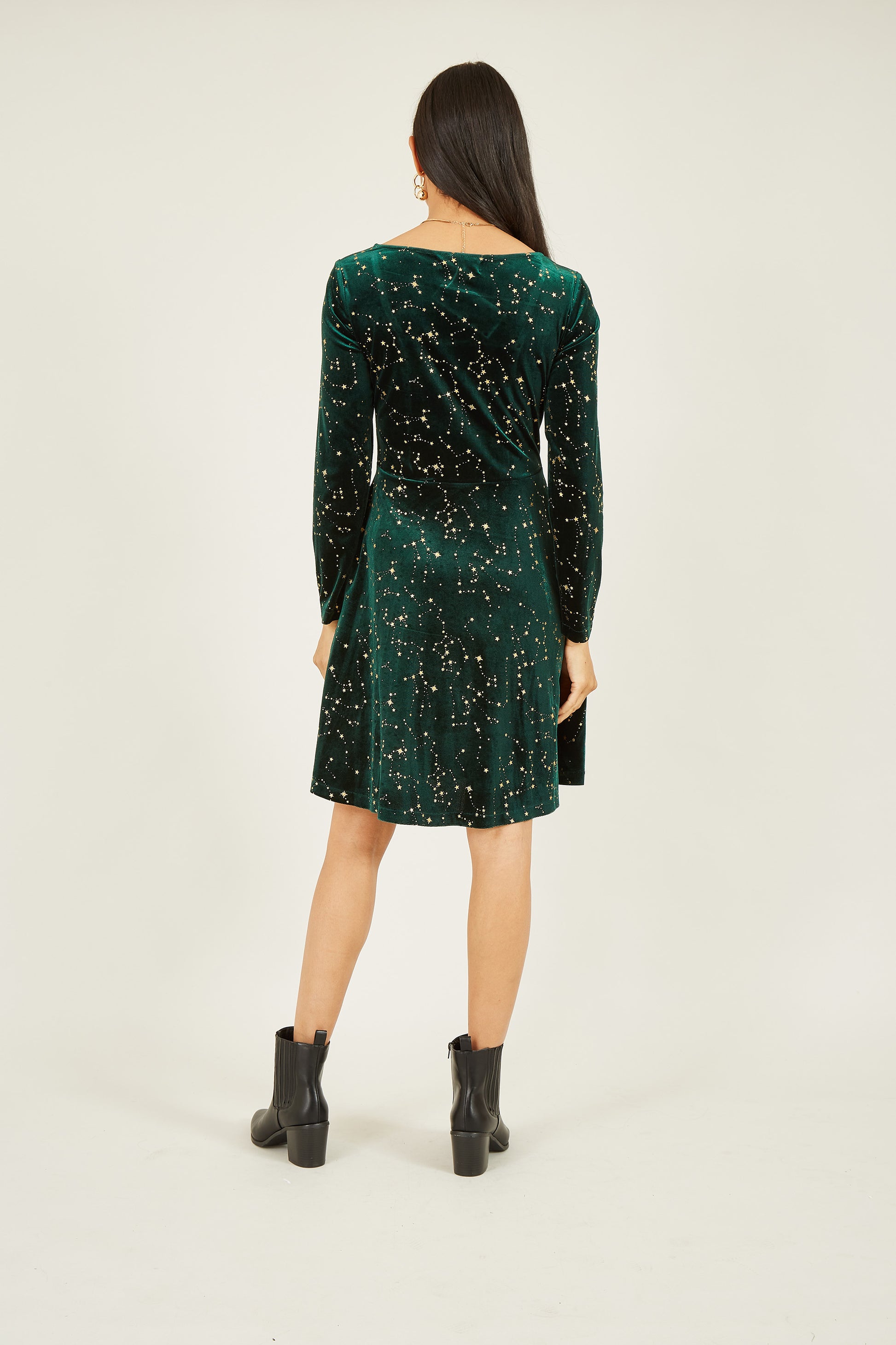 Yumi Green Star Foil Print Long Sleeve Skater Dress DRES Party Yumi