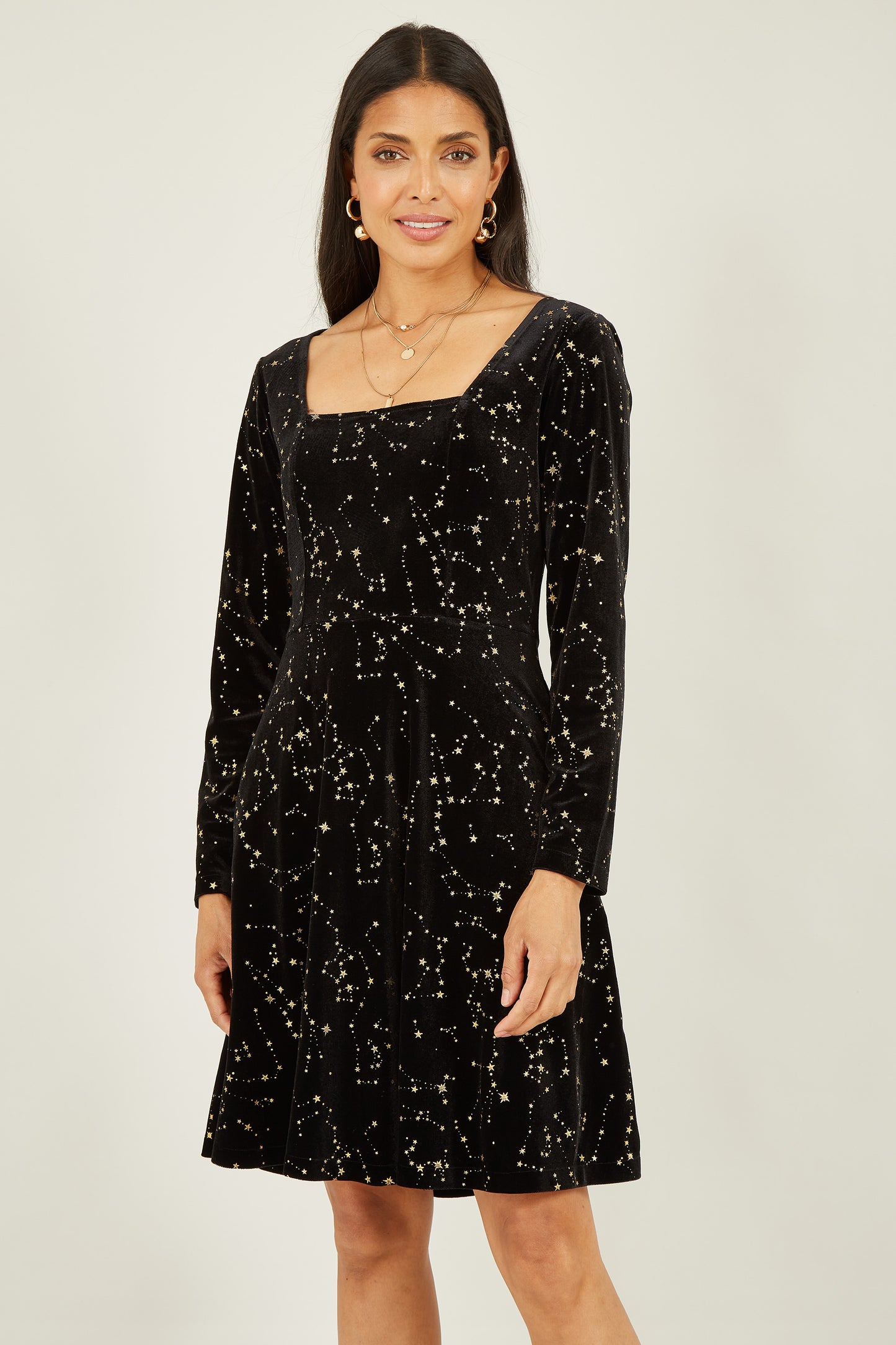 Yumi Black Star Foil Print Long Sleeve Skater Dress DRES Party Yumi