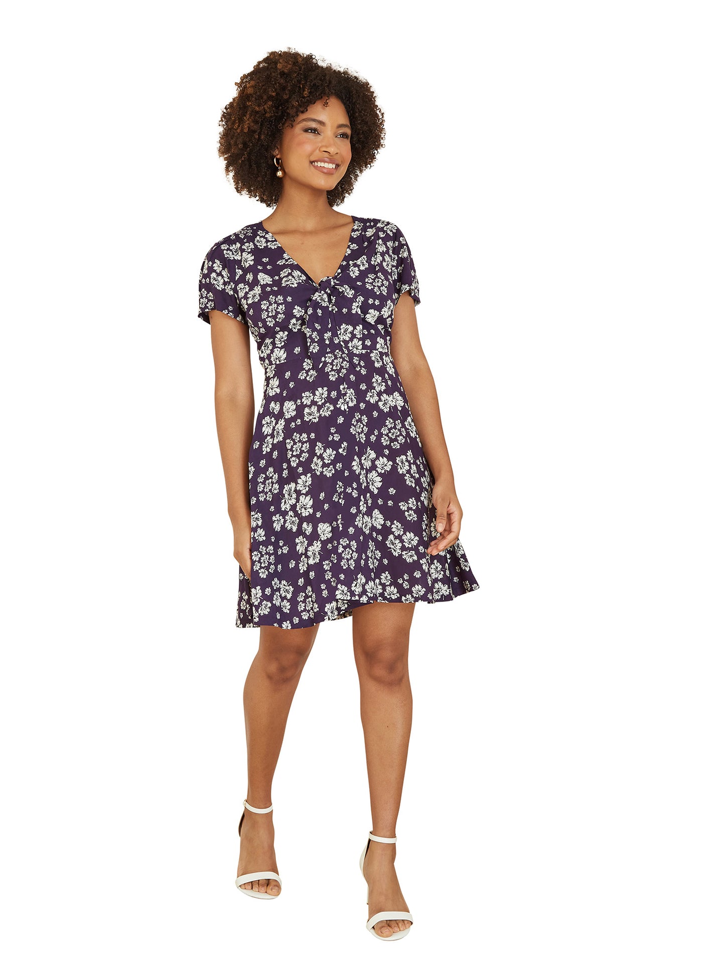 Mela Navy Floral Mini Skater Dress With Tie Front Mela