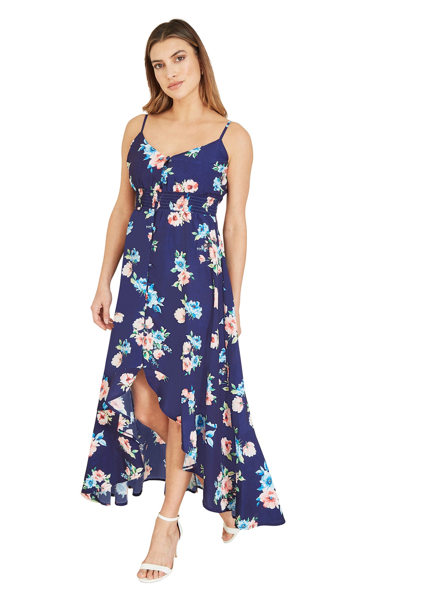 Mela Navy Floral High Low Frill Midi Dress Mela