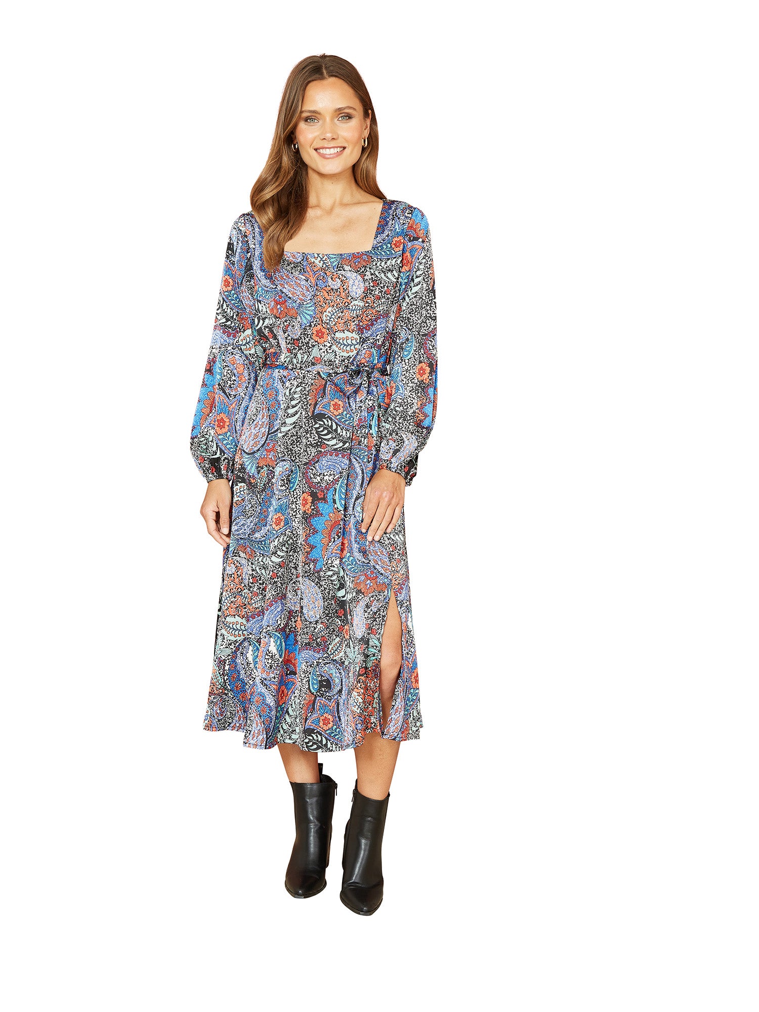 Mela Blue Paisley Print Long Sleeve Midi Dress Mela