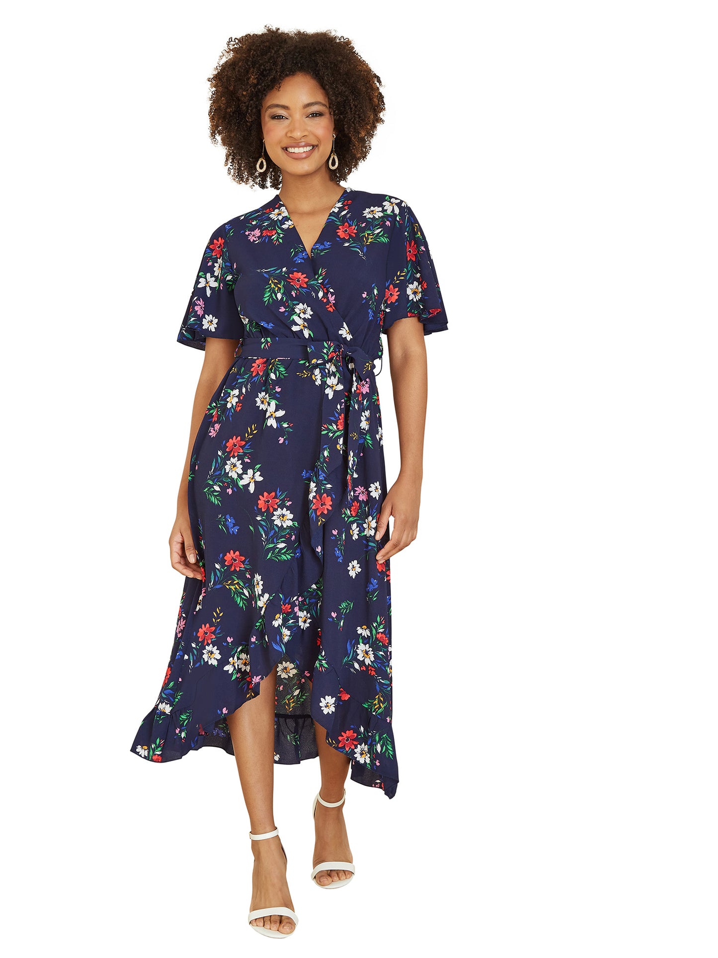 Mela Navy Floral Wrap Dress With Frill Hem Mela
