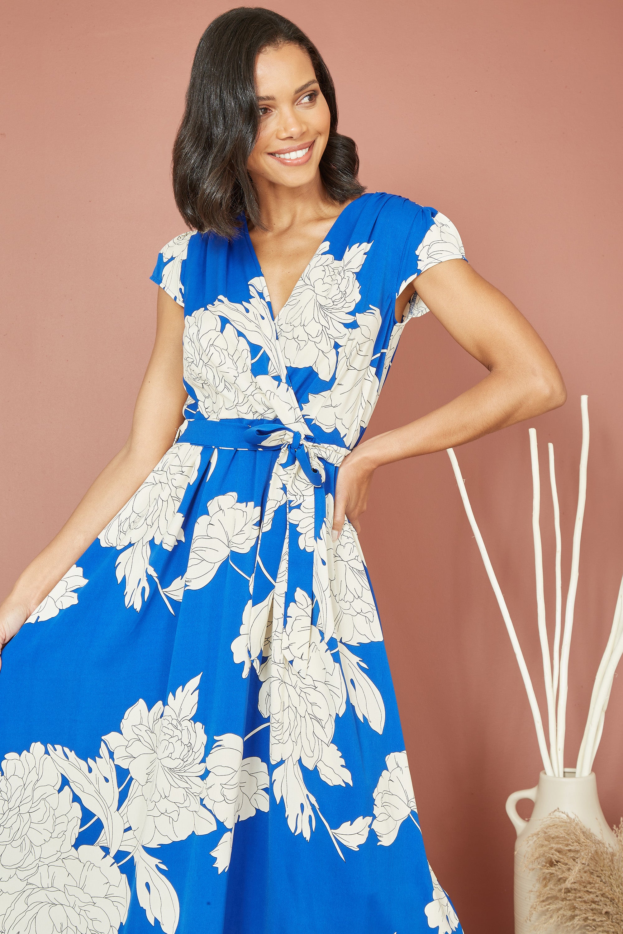Blossom Print Wrap Midi Dipped Hem