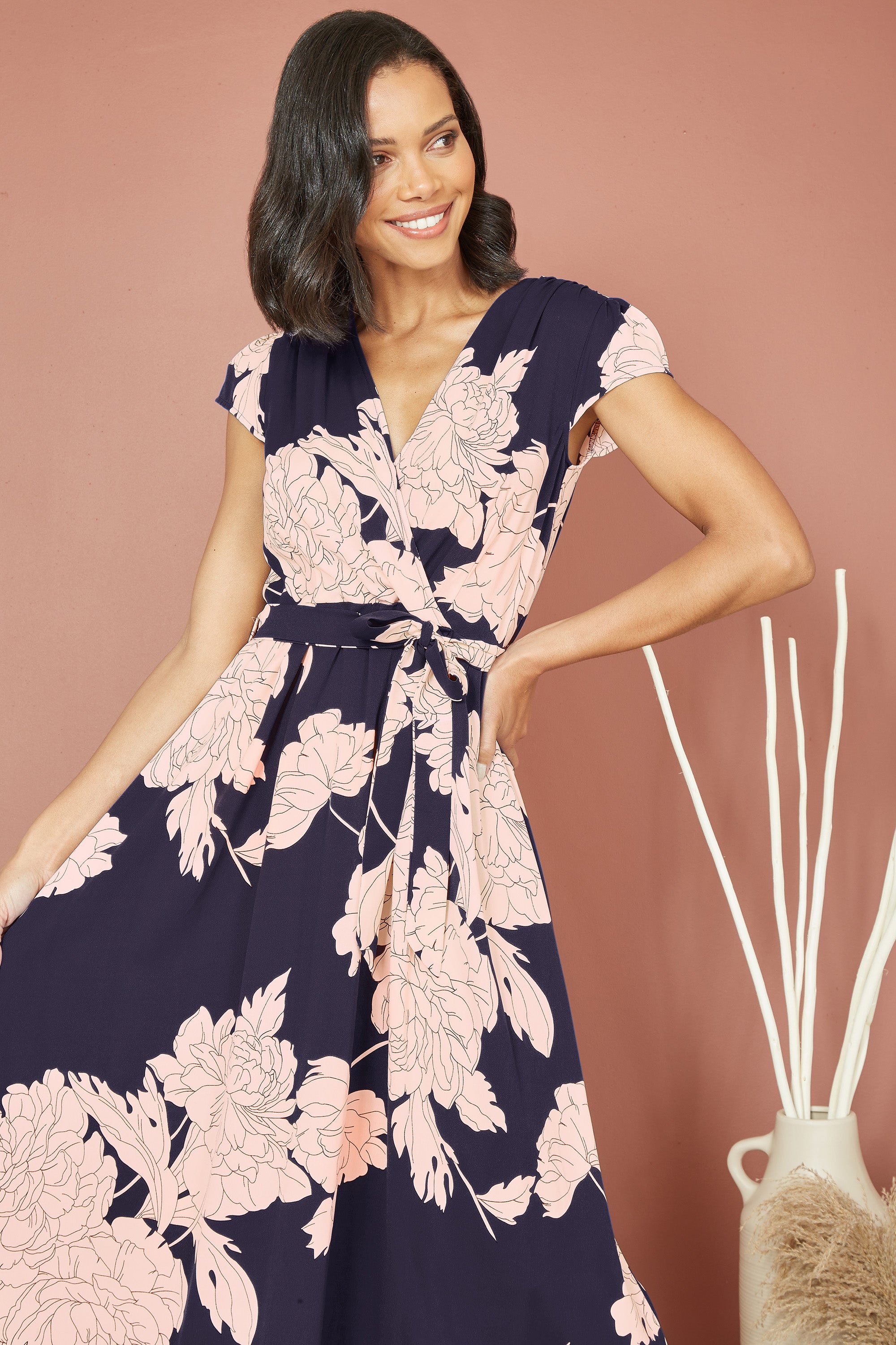 Blossom Print Wrap Midi Dipped Hem
