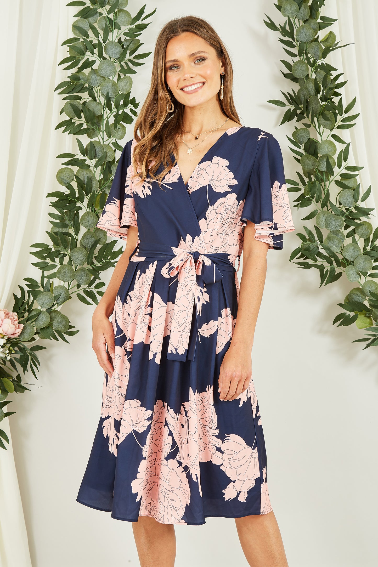Mela Navy Blossom Print Wrap Skater Dress Mela
