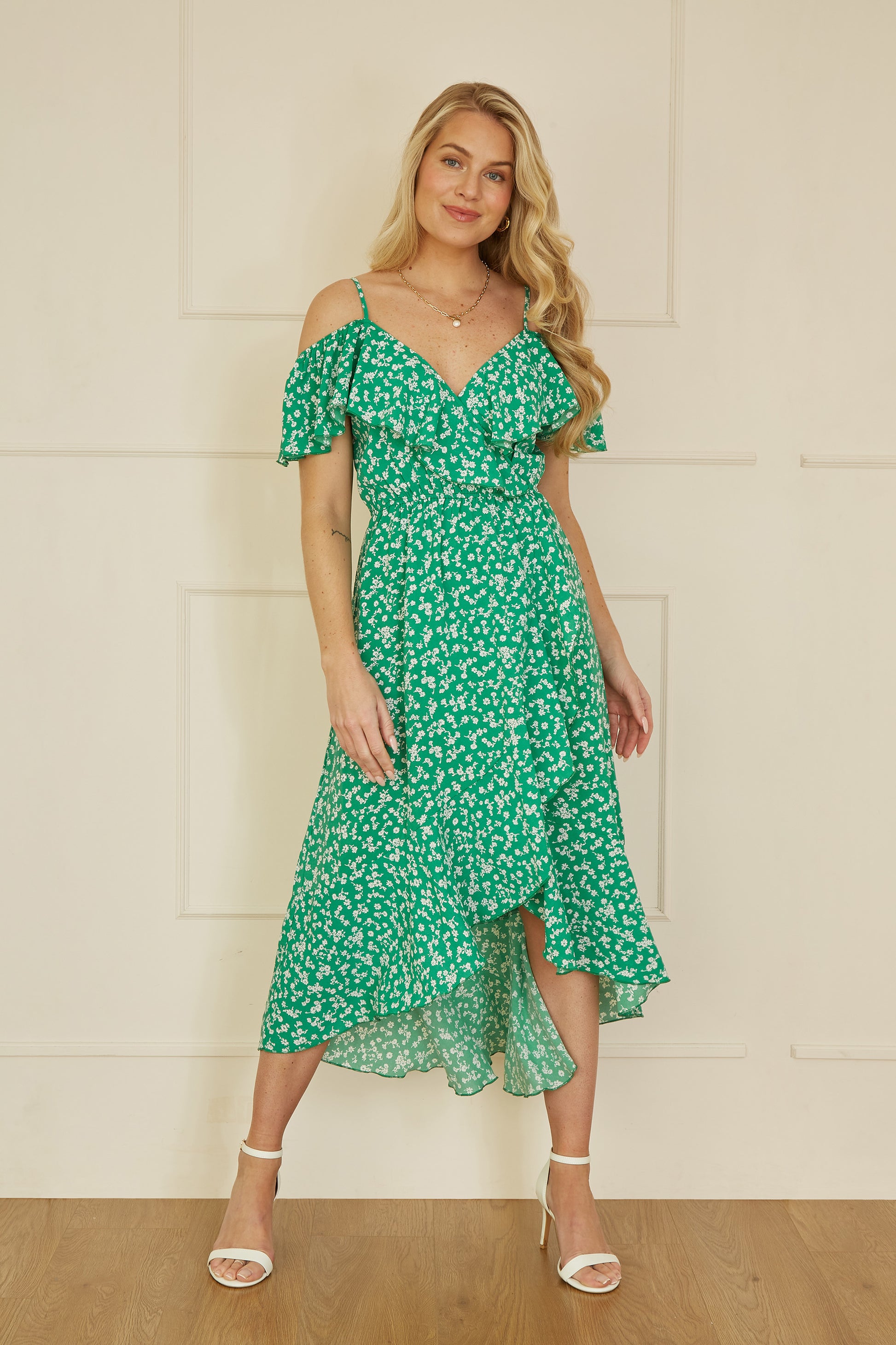 Yumi Green Ditsy Print Bardot Midi Dress With Dip Hem | Yumi Yumi Green Ditsy Print Bardot Midi Dress With Dip Hem | Yumi