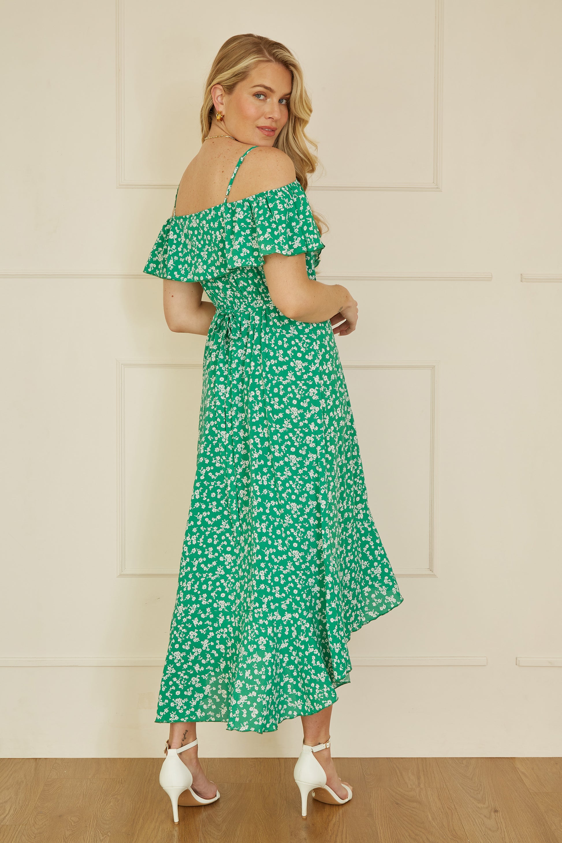 Yumi Green Ditsy Print Bardot Midi Dress With Dip Hem | Yumi Yumi Green Ditsy Print Bardot Midi Dress With Dip Hem | Yumi